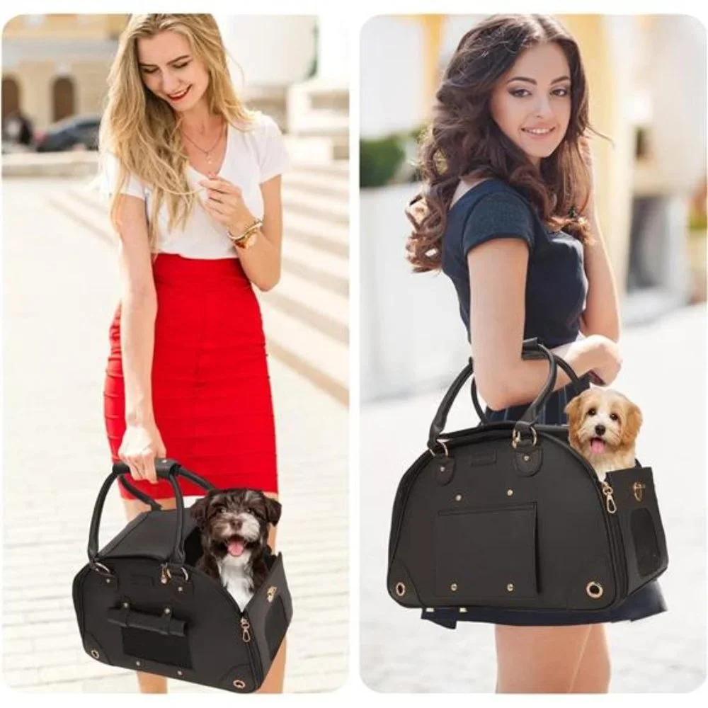 Pet Carrier, Foldable Premium PU Leather Portable Tote Bag, (Black-Medium）